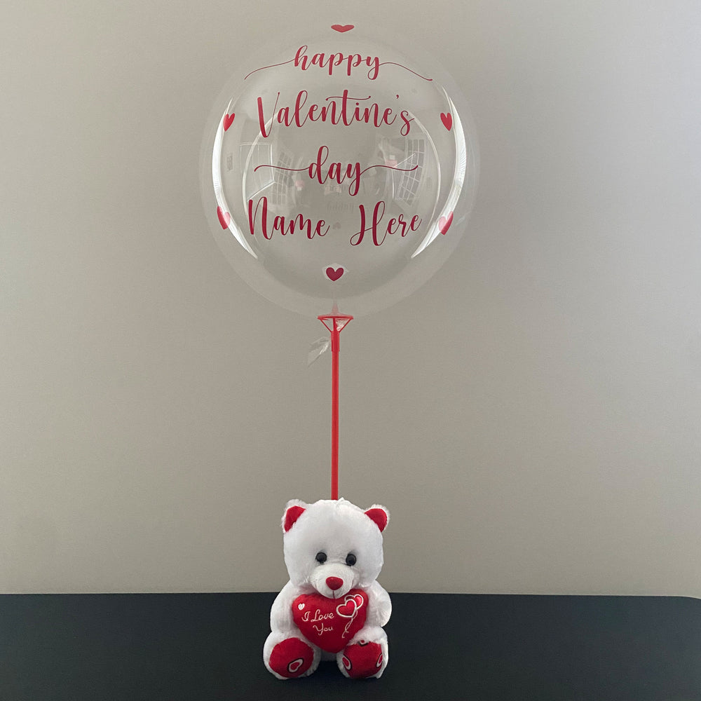 "happy Valentine's day" Balloon And Bear - Valentine's Day Balloon With Stand And Teddy Bear - Balloominators